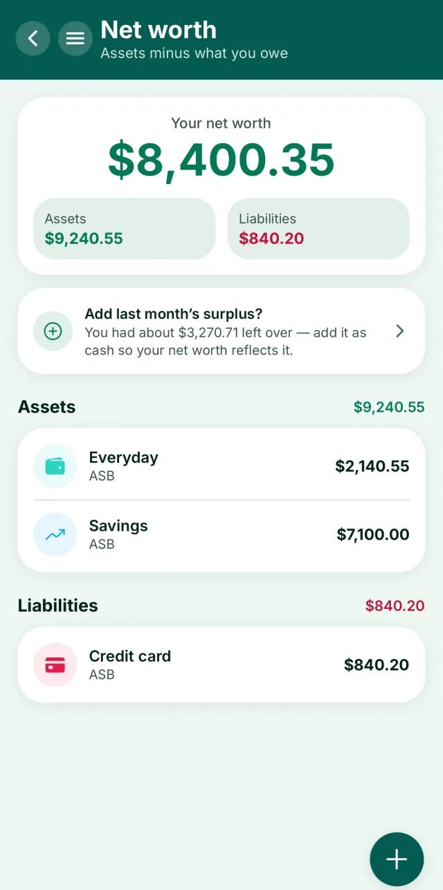 Stak net worth screen showing assets, liabilities and the accounts behind them