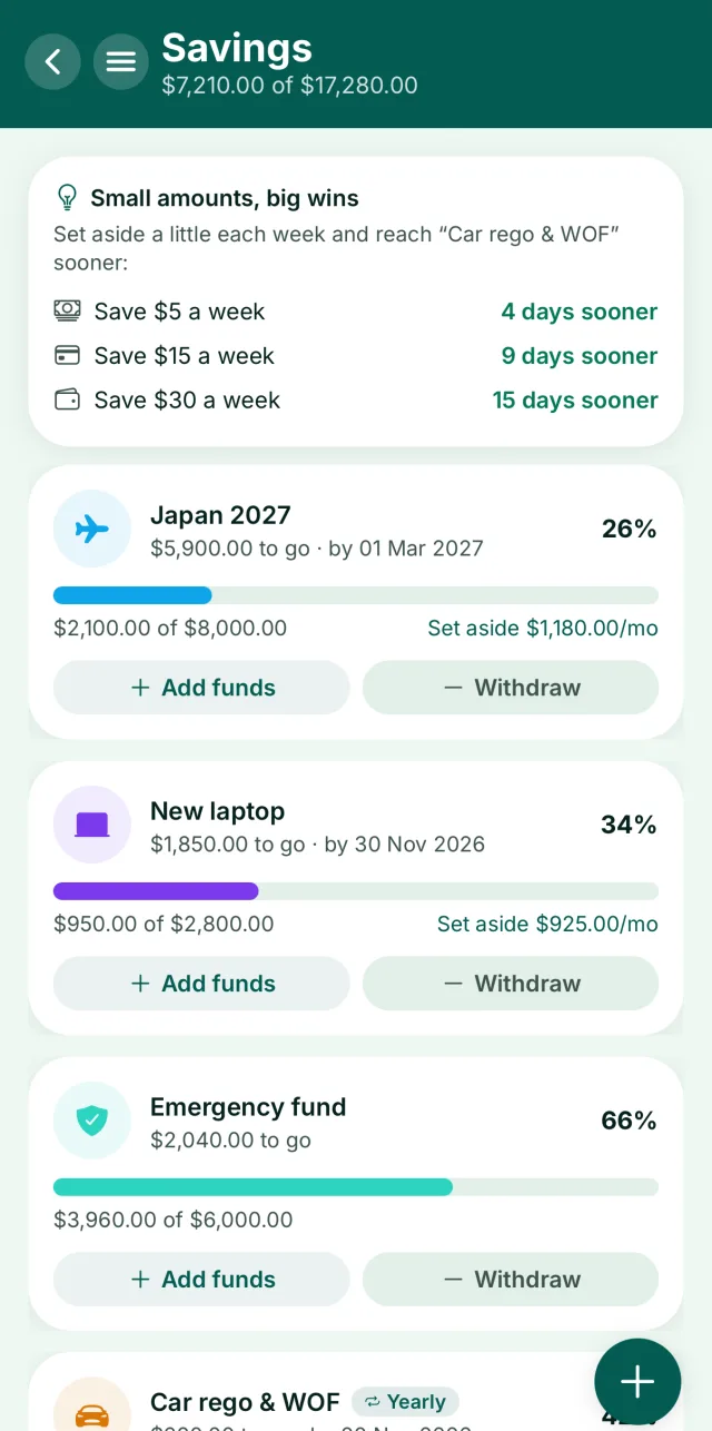 Stak savings screen showing progress towards each goal and what to set aside each month