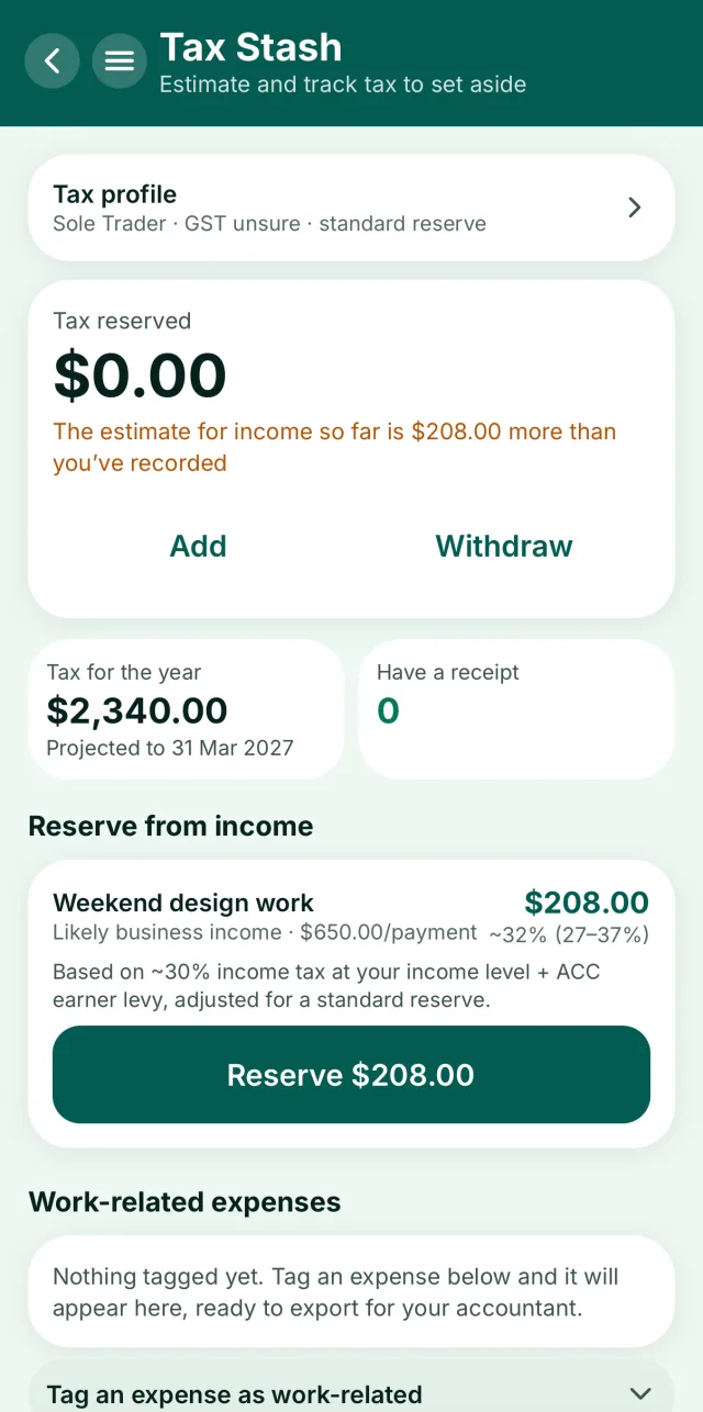 Stak Tax Stash screen showing tax set aside so far, an estimate for the tax year, and an estimate to reserve from business income